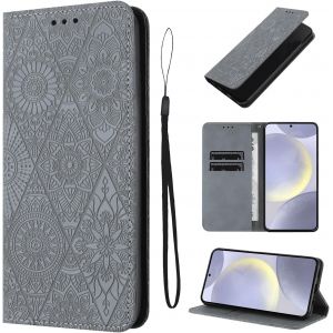 KAL-&Eacute;tui Pour Samsung Galaxy S24 Plus / S24+ 5G 6.7 Pouces Cuir Artificiel Coque Samsung S24 Plus Avec Fente Pour Carte Coque S24 Plus Motif De Fleurs B&eacute;quille Housse Gris - Neuf