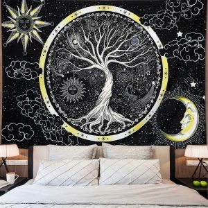 Soleil psychédélique Tenture murale Tapisserie Arbre de vie Tapisserie noire et blanche Galaxy Tapisserie murale Chambre Appartement Hippie Art mural Tissu - Neuf