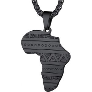 KAL-Collier Afrique Personnalisable,Pendentif Carte D`Afrique Avec Pays/Elephant/Lion Plaqu&eacute; Or/Noir/Acier Inoxydable + Cha&icirc;ne 55+5Cm,Bijoux Africain Fantaisie Cadeau Original Pour Femme Homme - Neuf