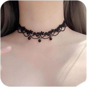 Kal-Vintage Collier Ras Du Cou En Dentelle Noir Collier En Dentelle Gothique Punk Pampilles Noir Perles Pendentifs Collier Ras Du Cou Princesse Mariée Dentelle Lolita Collier Bijoux Pour Femmes - Neuf