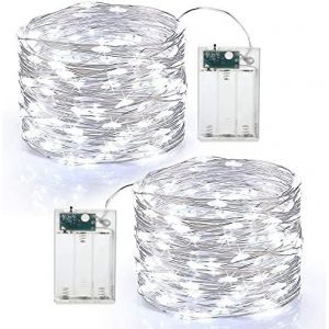 TRAHOO-2 x 60 LED Guirlande Lumineuse &agrave; Pile Guirlande Lumineuse Fil d'argent 6M Int&eacute;rieur et Ext&eacute;rieur D&eacute;coration Lumi&egrave;re pour Chambre No&euml;l Mariage Soir&eacute;e Maison Jardin, Blanc Froid - Neuf