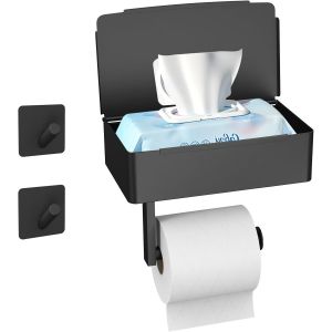 Porte Papier Toilette, Support Papier Toilette Mural Sans Per&ccedil;age Avec &Eacute;tag&egrave;res Et Bo&icirc;te &Agrave; Lingettes Humides,Salle De Bain Accessoire Noir, Pour Salle De Bain Et Cuisine, Acier Ino[CHU10502923] - Neuf