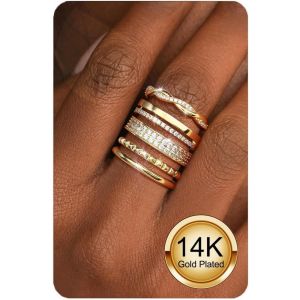 Kal-5pcs Bague Femme 14k Plaqué Or Ensemble Bagues Empilables Or Argent,Résistante À L'eau Hypoallergénique Fiançailles Alliance Bague De Pouce Tailles 49-62 - Neuf