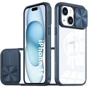 Coque Magnétique Iphone 15 - Volet Coulissant De Protection Caméra, Pc+Tpu Antichoc Anti-Rayures Avec Anneau Support, Bleu - Neuf