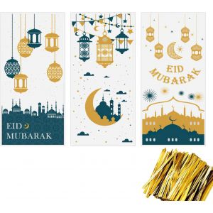 150pcs Eid Mubarak Sacs De F&ecirc;te, Th&egrave;me Ramadan Sacs De Cadeaux En Plastique Transparent Cellophane Avec Liens Dor&eacute;s Pour La F&ecirc;te De L'a&iuml;d Mubarak, 27 X 13cm - Neuf