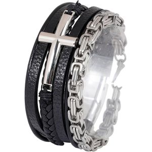 Eryi-Bracelet Homme Cuir Bracelet Acier Inoxydable Argent Bracelet 6mm Pierre Naturelle Cadeau Pour Homme - Neuf