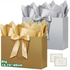 12.75"" Sac Cadeau, Grand Papier Emballage Cadeau Anniversaire, Vertical Pochette Cadeau Grand Format Enfant 40*30*12.5cm Avec 2 Cartes 2 Mouchoirs Pour Fête D'anniversaire Mariage 2 Pièces J - Neuf