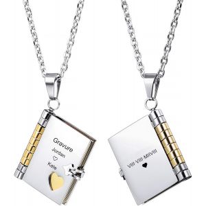 Kal-Collier Enveloppe Photo Personnalisé Pendentif Livre Personnalisable En Acier Inoxydable - Bijoux Avec Médaillon Gravé Avec Message Cadeau Secret Pour Couples Et Famille - Neuf
