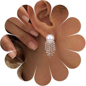 Kal-Boucles D'oreilles Chandelier Or Perle Boucles D'oreilles Chandelier Pendantes Boucles D'oreilles Tassel Cz Boucles D'oreilles Strass Mariage Bijoux Pour Femmes Et Jeunes Filles(Or Avec Perle) - Neuf