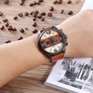 Montre-Bracelet Analogique A Quartz Pour Homme Curren, Bracelet En Cuir Synthetique, Etanche (Noir Et Jaune) - Neuf