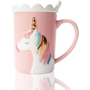 Kalanka-Cadeau Licorne Pour Fille Tasse &Agrave; Caf&eacute; Amusante En C&eacute;ramique En Forme De Licorne Mignonnes Tasses De Th&eacute; Au Lait Uniques Avec Couvercle Dentel&eacute; Et Cuill&egrave;re Pour Enfants Femmes Filles (Rose) - Neuf