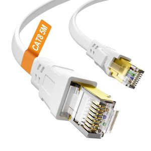 Cable Ethernet 5m Cat 8, Blanc Cable RJ45 5m Plat Haut Débit Fibre 40Gbps 2000MHz Câble Réseau, LAN Gigabit Blindé Cable Internet pour Routeur, Modem, Switch, Xbox, PS5/4 - Neuf