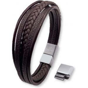 Kal-Bracelet En Cuir Tress&eacute; Noir Et Marron - Bracelet Pour Homme Avec Fermeture Magn&eacute;tique En Acier Inoxydable - Bracelet En Cuir Pour Homme Avec Maillon Suppl&eacute;mentaire, S - 17.5cm, Cuir - Neuf