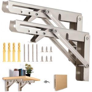 Console pliante robuste 200 mm - Charni&egrave;re pliante Lot de 2 supports pliants en acier inoxydable Angle de pliage Gain de place &Eacute;tag&egrave;re pliante pour Mur de table pliante, Charge maximale 50kg - Neuf