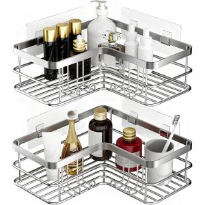 Lot de 2 &eacute;tag&egrave;res d'angle de Douche sans per&ccedil;age pour Salle de Bain, Baignoire, &eacute;tag&egrave;re d'angle pour Salle de Bain et Cuisine (argent&eacute;) - Neuf