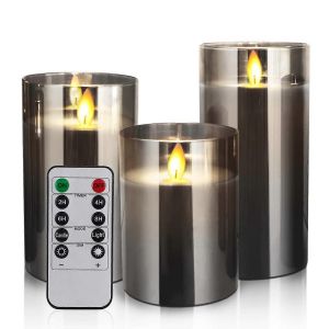 Bougies LED sans flamme, avec guirlande lumineuse &eacute;toil&eacute;e int&eacute;gr&eacute;e, t&eacute;l&eacute;commande &agrave; 10 touches et minuterie 24 heures (lot de 3), flamme dansante, &agrave; piles (gris) - Neuf