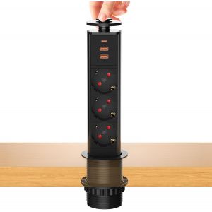 JEXNOVASHOP-Multiprise Encastrable Bloc Prise Escamotable, Electrique 3 Prises avec USB C et 2 USB, Prise Plan de Travail Table, 4000W/16A, &Oslash; 60mm C&acirc;ble 1,8m - pour Cuisine Bureau Noir - Neuf