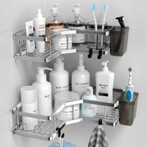 Lot de 2 étagères d'angle autocollantes en acier inoxydable avec 4 crochets et 2 porte-dentifrice pour salle de bain - Sans perçage - Noir - Neuf