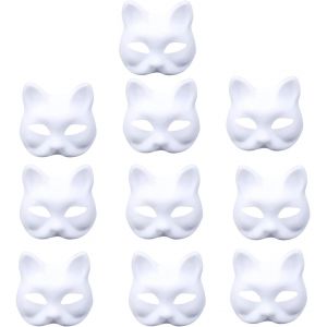 10 Pi&egrave;ces Masques Papier P&acirc;te,Masques En Papier,Masque De F&ecirc;te,Masque De Chat D'halloween,Masque Blanc &Agrave; D&eacute;corer,Pour Halloween,Cosplay,Diy - Neuf