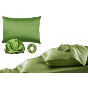 Ensemble Taie D'oreiller En Imitation Soie Avec Bonnet Et Chouchou - Vert - Neuf