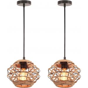 Kal-Lot De 2 Suspension Rotin Vintage Lustre Industrielle E27 Boho Lampe Suspendue Rétro Abat-Jour Cage Métal Et Corde De Chanvre Luminaire Plafonnier Pour Salon Salle À Manger Chambre, Ø20cm - Neuf