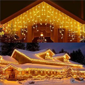 Rideau lumineux de Noël multicolore d'extérieur, 10 m, 300 LED, avec télécommande, cascade lumineuse LED étanche IP44, 8 modes, décoration extérieure pour Noël, mariage, fête, jardin (blanc froid) - Neuf