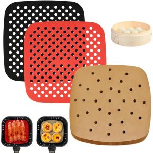 Jexnovashop-100 Pi&egrave;ces Papier Sulfuris&eacute; Pour Air Fryer, Papier Air Fryer Air Fryer Papier Cuisson Papier Sulfuris&eacute; Perfor&eacute; Fritteuse A Air Papier Friteuse A Air, 2 Pi&egrave;ces Tapis En Silicone Pour Frite - Neuf