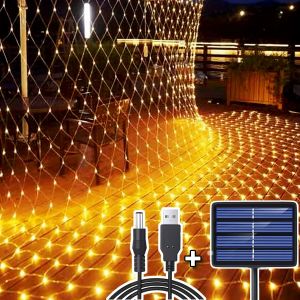 KAL-204 Led Filet Lumineux Solaire, 3M*2M Guirlande Lumineuses Filet Solaire/Usb Alimenté, Rechargeable Balcon Clôture Maille D'Éclairage, Lumières Corde Fée Etanche Romantique Déco Noel, Blanc Chaud - Neuf