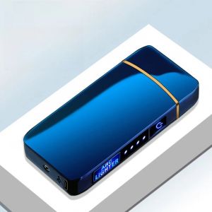 (Or) Briquet électrique coupe-vent en métal, Double Arc, sans flamme, Plasma, Rechargeable par USB, affichage de puissance LED, briquet à capteur tactile - Neuf