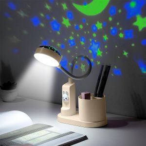 Lampe De Bureau Pour Enfant Avec Projection &Eacute;toil&eacute;e, Lampe D'&eacute;tude Avec Porte-Stylo, Lamp De Table Col De Cygne, Lumi&egrave;re De Chevet Led &Agrave; Intensit&eacute; Variable, Rechargeable 2 - Neuf