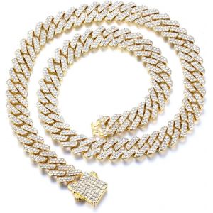 Trahoo-Plaqué Or Véritable 18k/Platine Lien Cubain Bracelet Collier Avec Diamants Bijoux Pour Hommes,Plus 1500 Diamants De Laboratoire Sertis À La Main,12mm Longueur 20cm,45cm Avec Boîte Cadeau - Neuf