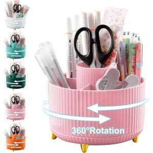 Organisateur De Bureau Rotatif à 360°,Rotatif Pot A Crayon avec 5 Compartiments,Organiseur De Papeterie pour,l'école,Les Crayons A Domicile (Rose) - Neuf