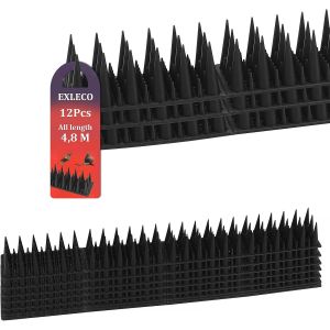 KALANKA-Lot de 12 r&eacute;pulsifs Anti-Pigeons en Plastique - 4,8 m - 3 rang&eacute;es de Pointes - pour Chat, Moineau, martre, cl&ocirc;ture, Rebord de fen&ecirc;tre, Toit - Noir - Neuf