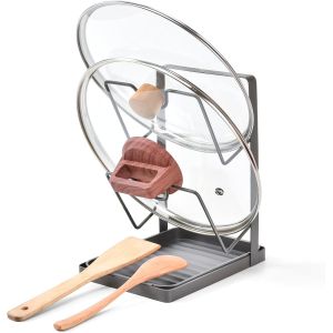 Kalanka-Organiseur Couvercle Casserole, Support Couvercle Casserole &Agrave; 2 Niveaux Avec Bac R&eacute;cup&eacute;rateur Amovible, Support En Acier Carbone Gain De Place Pour 2 Couvercles Sur Le Plan De Travail (Gris) - Neuf