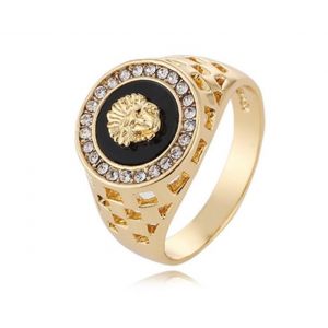Bague T&ecirc;te De Lion Plaqu&eacute;e Or 18 Carats Avec Strass - Taille 11 - Neuf