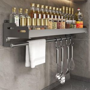 Eryi-Étagère De Rangement Pour Fer De Cuisine, Étagère À Épices Suspendue Au Mur, Ustensiles De Cuisine Murale Pour La Maison, Porte-Épices, Sel À Huile, Étagère (Noir, 40 Cm De Longueur) - Neuf