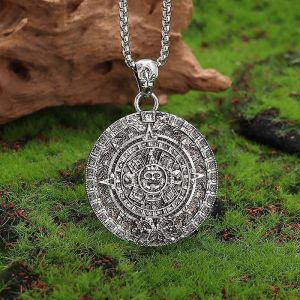 Calendrier Solaire Aztèque Rétro Mystérieux Ancienne Civilisation Maya Motif Pendentif Collier Amulette Pour Hommes Chanceux Bijoux À La Mode - Neuf