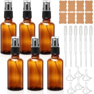 MEVRONISSHOP-6 Flacons Spray Vides 50 ml en Verre Ambr&eacute; avec Entonnoirs Pipettes et &Eacute;tiquettes &iquest; Bouteilles Pulv&eacute;risateurs Rechargeables pour Huile Essentielle Brumisateur Eau Parfum Cosm&eacute;tique - Neuf