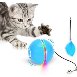 KAL-Jouet Pour Chat, Balle De Jouets Avec Lumière Led, Cataire, Ring Bell Et Plume, Amélioré Rotation Automatique À 360 Degrés Et Chargement Usb Jouet Interactif Pour Chat, Pour Animaux Chien Chatons - Neuf