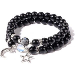 Eryi-2 Pièces Multicouches Pierre Naturelle Bracelet 8mm,Bracelets Avec Étoile La Lune Accessoires,Bracelet De Perles,Bracelet Superposition Élastique - Neuf