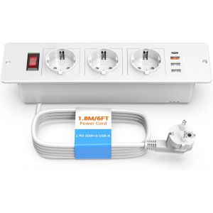 Multiprise de Table 3 Prises USB C PD 20W,Multiprise Encastrable 3 Prises avec 1 USB-C et 3 Ports USB A,Prise Encastrable Bureau avec Interrupteur,Câble 1.8m - Neuf