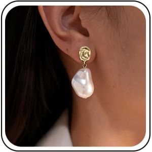 Kalhx-Boucles D'oreilles Pendantes En Perles Baroques Boucles D'oreilles En Perles Irrégulières Boucles D'oreilles À Clous En Disque D'or Grandes Boucles D'oreilles Pendantes En Perles - Neuf