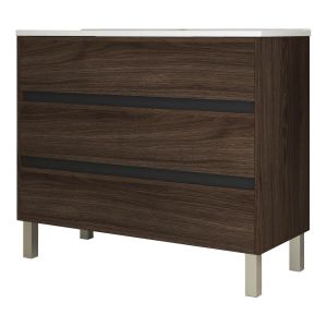 Meuble de salle de bain 100cm STAY THREE EDGE bois fonc&eacute; - Vasque en c&eacute;ramique - Neuf