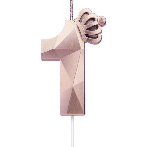 Bougie Num&eacute;ro 1,Grande Bougie D'anniversaire De 7.6 Cm Avec Couronne 3d Exquise Con&ccedil;ue Pour D&eacute;corations De G&acirc;teau Pour Anniversaire De Mariage,R&eacute;unions D'anniversaire,D&eacute;coration De F&ecirc;te (Rose-1) - Neuf