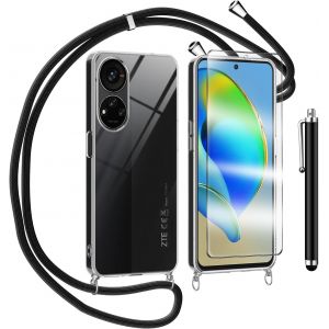 Housse Antichoc Silicone Transparente Pour Zte Blade V40s Avec Verre Trempé Et Cordon Réglable Tour De Cou - Noir - Neuf