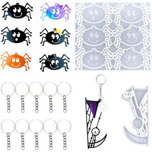 12 Pcs Araign&eacute;es Moules En R&eacute;sine Halloween Aniaml Moule Silicone Resine Epoxy Avec 10 Pcs Porte Cl&eacute; Moulage De R&eacute;sine Coul&eacute;e Bijoux Pendentif Pour Mural D&eacute;coration Artisanat Bricolage - Neuf