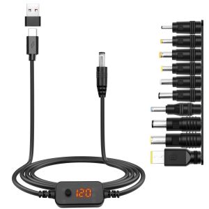 JGD-Cable Alimentation Adaptateur PD/USB vers DC 5V,9V,12V,15V,20V Tension R&eacute;glable Type C M&acirc;le to 5.5x2.1mm Cordon Chargeur Universel avec 10 DC Convertisseur pour Routeur Tablet(1.2m) - Neuf