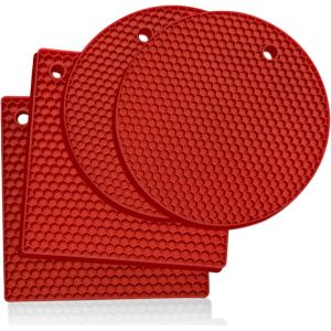 Ensemble De 4 Dessous De Plat Ronds Et Carr&eacute;s En Silicone, Tapis De Dessous De Plat En Silicone, Tapis Chauffant - Ouvre-Bo&icirc;te, Pince, &Eacute;plucheur D'ail, Tapis De S&eacute;chage, Sous-Verre (Rouge) - Neuf
