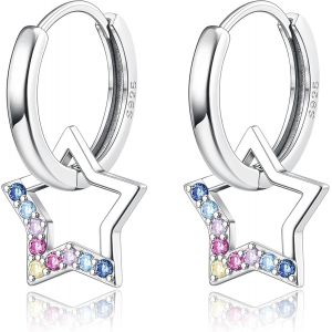 Children's Girls' Earrings In 925 Sterling Silver Colourful Zirconia Small Hoop Earrings With Star Pendant Cute Star Drop Earrings For Children Women - Neuf