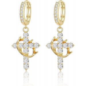 Chenquansarl-Boucles D'oreilles Plaqu&eacute;es Or 18k Suspendues Femme &iquest; Design Couronne & Croix &iquest; Boucles D'oreilles Dor&eacute;es &Eacute;l&eacute;gantes Huggie Id&eacute;e Cadeau - Neuf